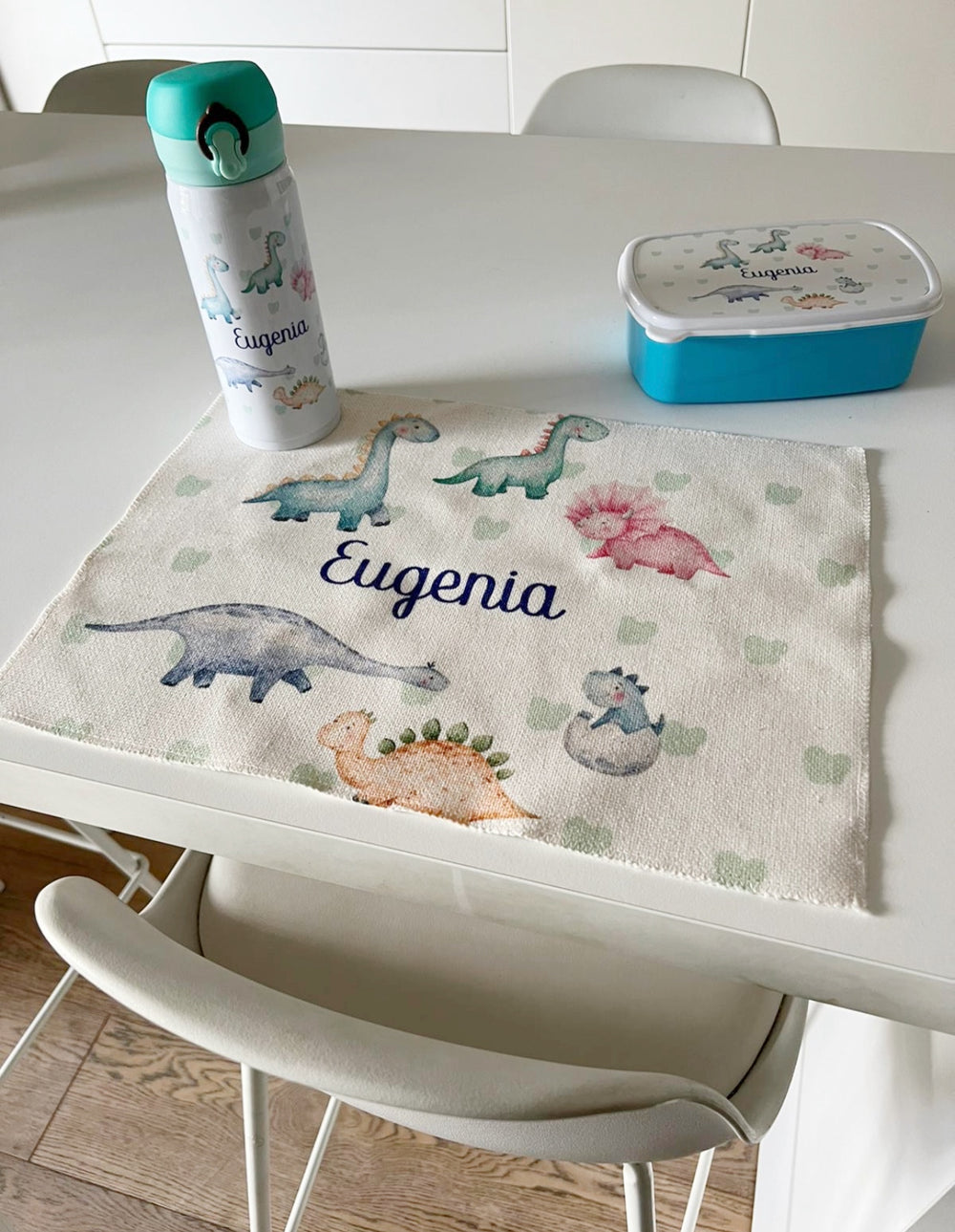 Set Tovaglietta in Canvas con Borraccia e Portamerenda Personalizzato con Dinosauri