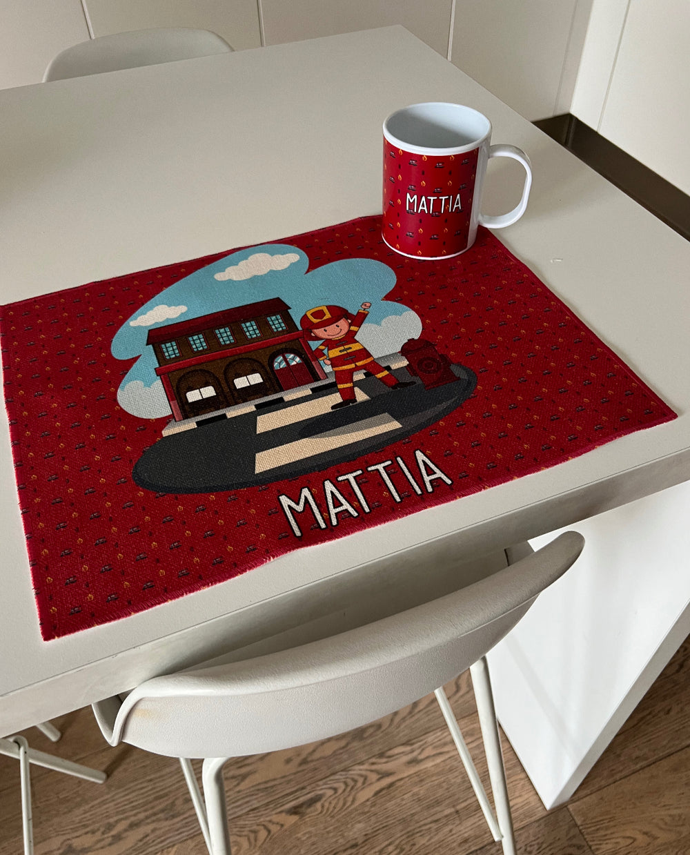 Set Tovaglietta in Canvas con Tazza Personalizzato con Pompiere